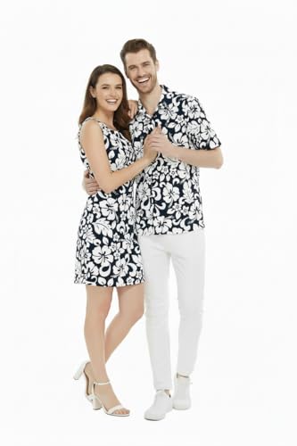 Image of Matchable Couple Hawaiian Luau Men Shirt or Women Tank Dress in Classic Vintage Hibiscus