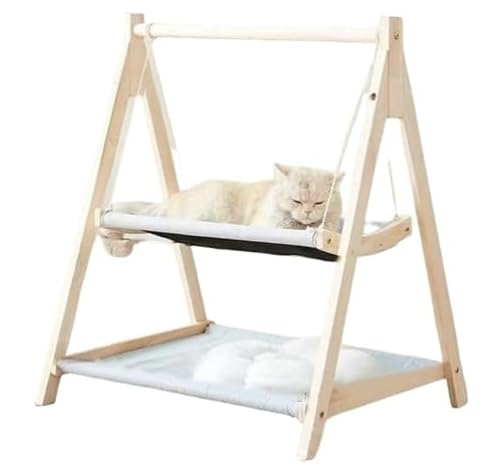 fancyflyネコ吊りベッド 木製懸垂式ペット揺りベッド ネコゆりかご 犬猫両用 2 段式無垢材 ペット専用寝台 ベランダ休憩用・室内コーナー設置に適する (二重グレーです)