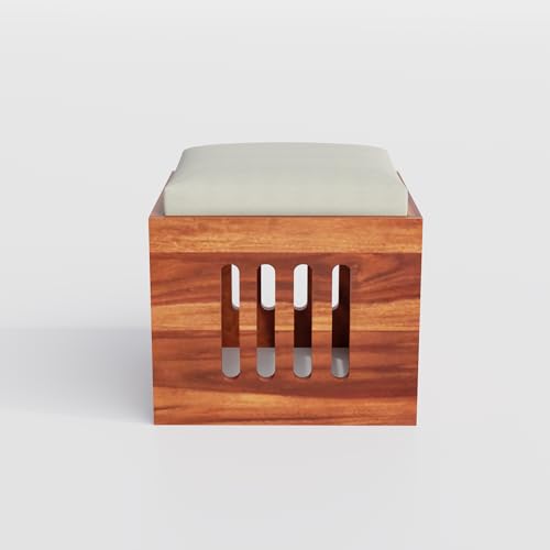 Image of Solid Sheesham Wood Coffee Table with 4 Cushioned Nested Stools | Space-Saving Center Table for Living Room | Modern Wooden Tea Table Set for Home, Lounge & Office Decor | Sheesham, Walnut Brown