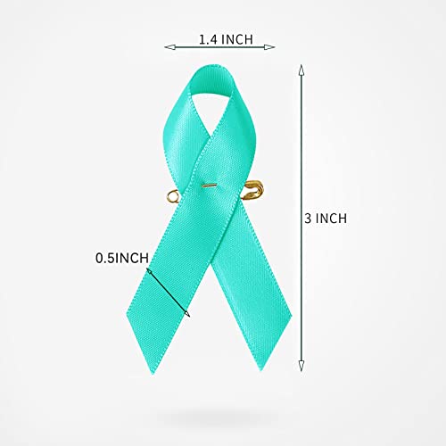 Image of 100 Pieces Teal Satin Awareness Ribbons with Safety Pins Cervical Cancer, Sexual Assault Awareness Accessories 1.4 * 3 inch
