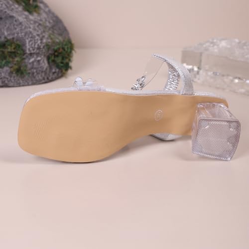 Lymphvity Women Rhinestone Flower Clear Block Heel Sandals,Fashion Elastic Ankle Strap Chunky High Heel Open Toe Sexy Elegant Dress Shoes Square Toe Heels Party Wedding Sandals4