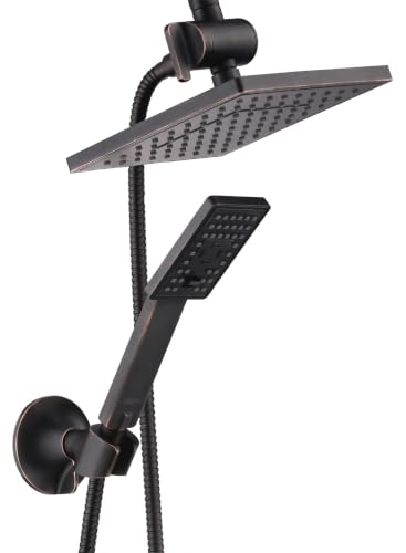 BRIGHT SHOWERS Rain Shower Head with Handheld Spray 8 Inch Rainfall Shower Head Combo with 60 Hose Adjustable Dual Square Showerhead Set with 3-Way Diverter Wall Bracket Oil-Rubbed Bronze
