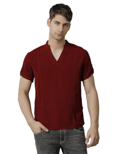 Image of Identiti MenSlim Fit Half Sleeve Solid Smart V Placket Casual Shirts