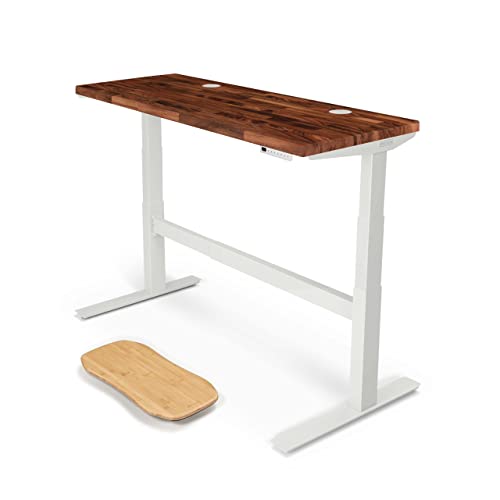 Image of UPLIFT DESK Saman Butcher Block (60 x 24 inch) Standing Desk 2-Leg V2-Commercial Adjustable Stand Up C-Frame (White), Advanced Keypad, Wire Grommets, Wire Tray, Rocker Board