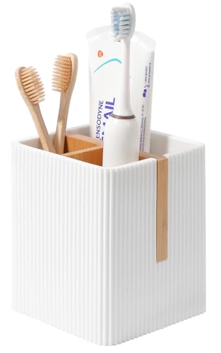 rejomiik Toothbrush Holders for Bathrooms Countertop, 3 Slots Electric Tooth Brushing and Toothpaste Storage Organizer Stand for Toiletries and Beauty Accessories, White