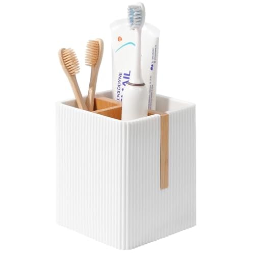 rejomiik Toothbrush Holders for Bathrooms Countertop, 3 Slots Electric Tooth Brushing and Toothpaste Storage Organizer Stand for Toiletries and Beauty Accessories, White