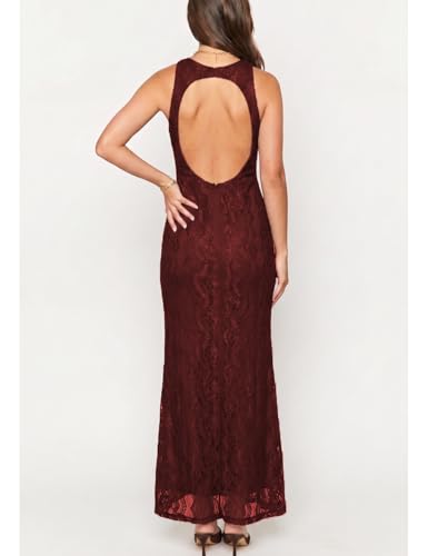 Image of Elegant Lace Floral V Neck Backless Bodycon Dresses for Women Sexy Cut Out Low Back Sleeveless Maxi Dress Wedding Guest