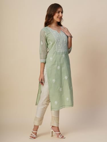 Image of RATAN Muga Cotton Straight Lucknowi Chikankari Ethnic Wear Kurta for Women