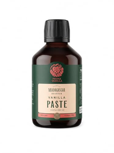 PREMA VAINILLA - 250 ml - Pasta pura de vainilla bourbon de Madagascar, grado A, mejor para hornear, cocinar y postres, vainilla sin gluten. Ingredientes limpios. Sabor completo.