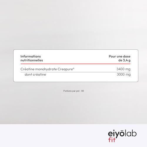 PURE CREATINE HT | 100% Creatine Monohydrate Creapure® en Poudre | Pre Workout Musculation | Prise de Masse, Force et Résistance Musculaire | 300 grammes - 88 Shakers | Poudre Non Aromatisée | Eiyolab – Image 6