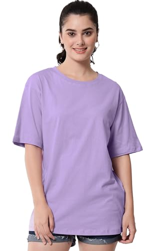 Image of LEOTUDE Women's cotton Oversized Fit Oversized Half Sleeve Tshirt, Round Neck Longline Drop Shoulder Solid T-Shirt