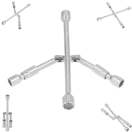 Beufee 14 inch Universal Folding Lug Wrench, 4 Way Cross Wrench High Carbon Steel 180° Foldable Lug Socket Spanner for Car Repair
