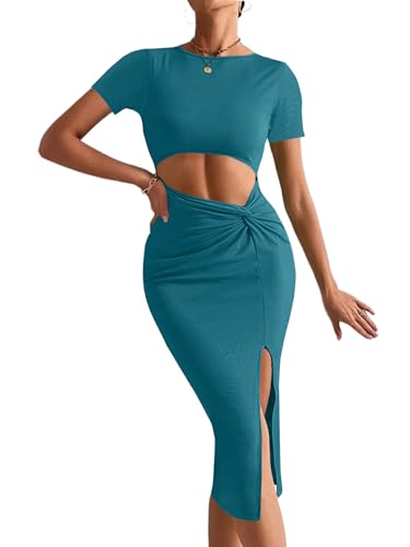 Image of Rooscier Women's Twist Cutout Waist Split Crewneck Short Sleeve Bodycon Midi Dress