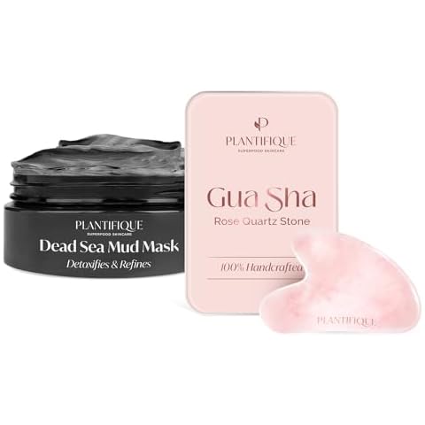 PLANTIFIQUE Dead Sea Mud Mask with Gua Sha Rose Quartz Tool Cover