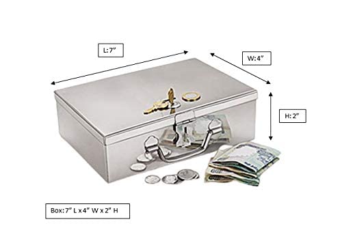 Image of Stainless Steel Cash /Coin /Jewellery Storage Rectangular Silver Boxes with Pre-Fitted Lock (7 inch X 4 inch X 2.5 inch) (With Pre fited One Lock & 2 Key) (Small Poj 7)