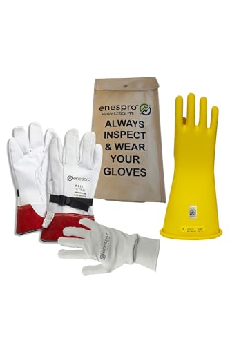 Enespro Class 2 Electrical Gloves Premium Kit, 17,000V AC/25,500V DC | ASTM D120 & NFPA 70E: 14' Rubber Gloves, Leather Protectors & FR Kint Liners, Storage Bag for Utility Crews, Yellow, Size 10