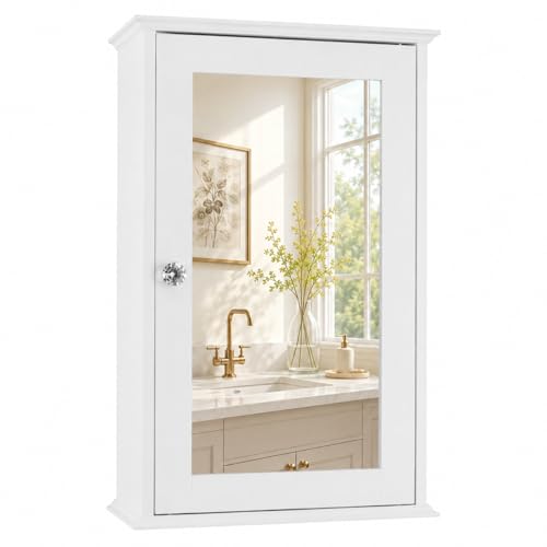VINGLI Bathroom Wall Cabinet Wall Mount Mirrored Medicine Cabinet with Mirror Storage Organizer with Single Mirror Door and 2 Adjustable Shelves White