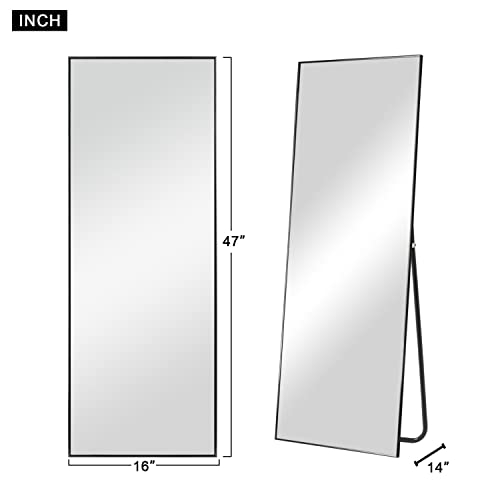 Image of NeuType 47 inchx16 inch Full Length Mirror with Standing Holder Aluminum Alloy Frame Floor Mirror Wall-Mounted Mirror for Living Room, Bedroom, Hanging or Leaning Against Wall, Black (with Stand)