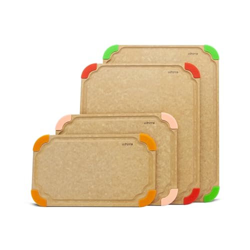 Comparison: Best Cutting Board Health Wise 2 Elihome Cutting Wise 4pcs Kitchen Cutting Board Set, Non Slip Feet, Color Coded with Food Icon, Natural Wood Fiber, Dishwasher Safe, Eco-Friendly, Juice Grooves,Non Porous, BPA Free, Made in USA