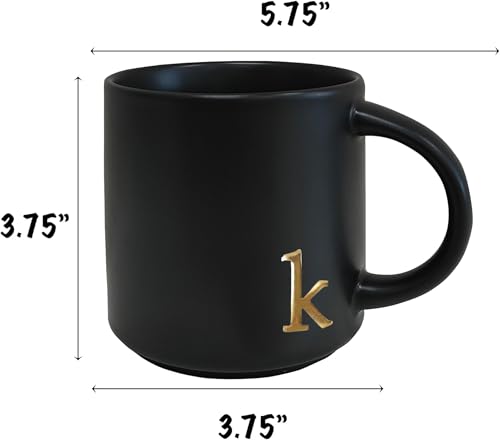 COLLECTIVE HOME Black Ceramic Coffee Mug, 15 oz Golden Monogram Tea Cup (k) - Image 4