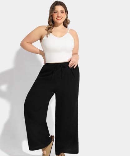 TIYOMI Plus Size Pants for Women Summer Palazzo Pants Drawstring Wide Leg Pant Casual Beach Pant Workout Comfy Trousers with Pockets 5X Black Vacation Outfits 5XL 28W2