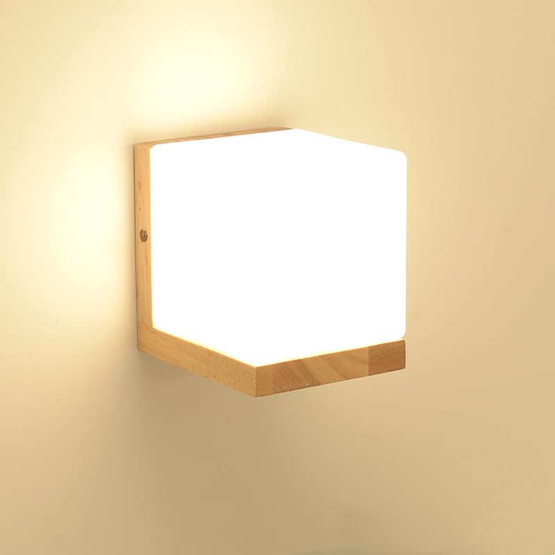 Comely Aplique de Pared Interior de Madera, Vintage Lámpara de Pared E27 con Pantalla de Vidrio, Simple Luz de Pared para Sala de Estar, Dormitorio, Escalera, Pasillo (Bombillas no Incluidas)