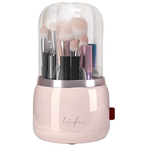 Veki Organizador de Maquillaje Giratorio 360 Grados, 6 Contenedores de Almacenamiento de Cepillo de Cosmético, con Tapa Acrílica Transparente, Adecuado Para Mesas de Maquillaje, Baños (Rosa)