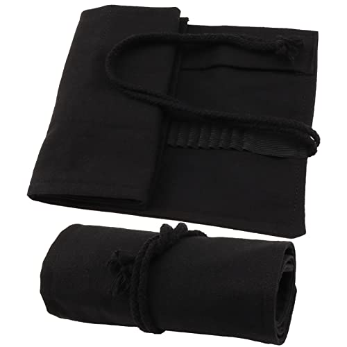 Image of Canvas Pencil Wrap Case, 48 Holes Colored Pencil Roll Holder Storage Pouch for Office (72 Holes, Black)