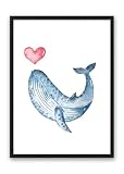 Din A4 Kunstdruck ohne Rahmen - Wal Blauwal Fisch Meerestier Herz Ozean Maritim Aquarell Badezimmer Geschenk Druck Poster Bild