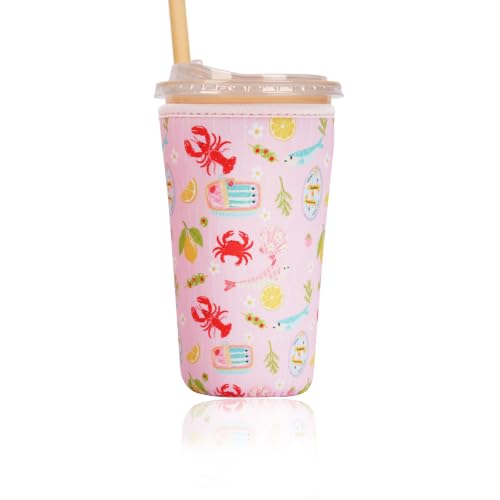 Image of Reusable Insulated Sleeve for Iced Coffee Cup, Coffee Neoprene Sleeve for Cold & Hot Drinks, Beverage Holder for Iced Coffee (Coastal Catch, Large: 32oz)