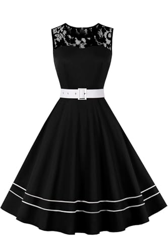 AXOE Women's Vintage 1950s Dress A-Line Silhouette with Removable Belt Cocktail & Wedding Guest Dress White and Black, UK Size 10, S