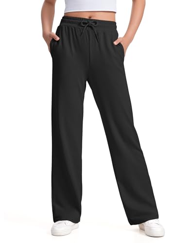 NUMYEAN Girls Sweatpants Straight Leg French Terry Joggers Baggy Sweatpants for Teen Girls Size 9-10Y Black