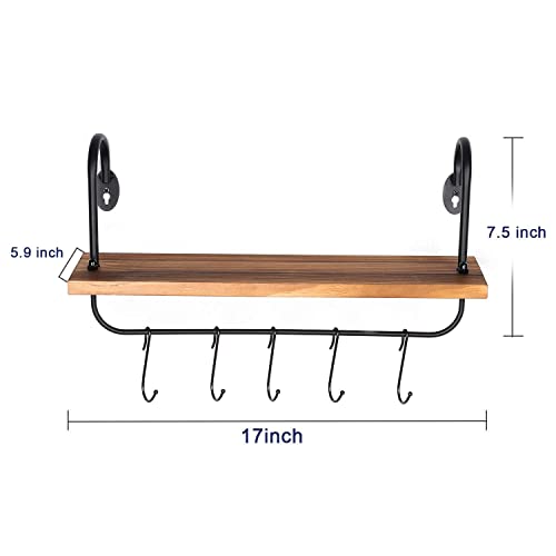 Olakee Bundle Floating Wall Shelves For Kitchen Bathroom Coffee Nook With 10 Adjustable Hooks For Mugs Cooking Utensils Or Towel Rustic Storage Shelves Set Of 2/17X5.9 Inch (Carbonized Black) #TOP6