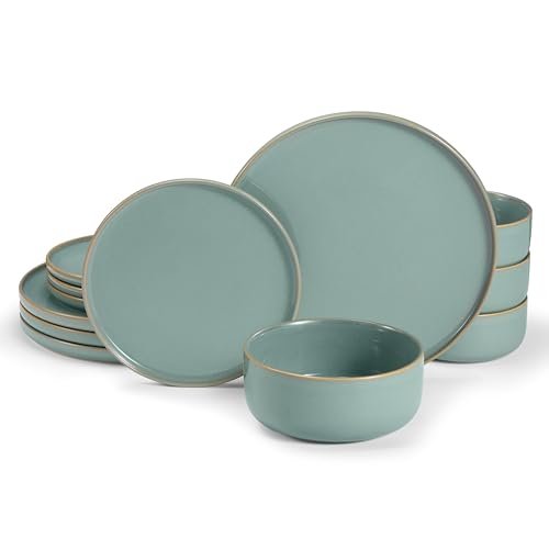 Dinnerware Set, 12 Piece, by Vase and Vessel, Ceramic 10.5”Dinner Plates, 8.2”Salad Plates and 25 oz Soup Bowls, Stoneware, Microwave and Dishwasher Safe, 12 Piece Set, Sage Green, Somerset Collection