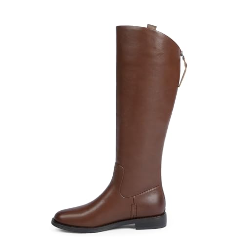 Image of Modatope Knee High Boots Women Rounded Toe Flat Retro Bais Opening Low Chunky Heel Riding Boots
