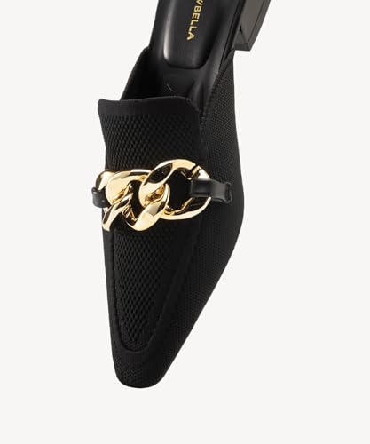 Image of NEWBELLA Women's Knit Pointed Toe Mule Slides, Chunky Gold Chain Decor, Low Block Heel, Slip On Loafer for Daily Office Wear