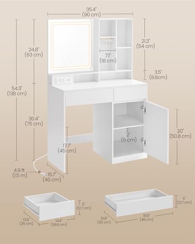 Image of VASAGLE KAILYN Collection - 35.4-Inch Vanity Desk with Mirror and Lights, Power Outlets, Modern Vanity Table, Jewelry Storage, Adjustable Shelves, for Bedroom, Cloud White URDT132WB03S