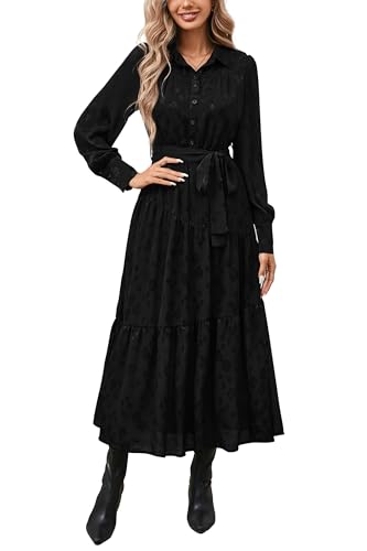 dowerme Women's Casual Dresses 2025 Fall Fashion Long Sleeve Button Up Floral Print Belted Tiered Boho Maxi Party Dress