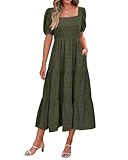 PRETTYGARDEN Womens Dresses Spring Elegant Short Sleeve Square Neck Smocked Loose Fit Plain Maternity Dress with Pockets(Army Green,Small)