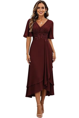 Image of Lace Applique Mother of Bride Dresses Chiffon Mother of the Groom Dresses Tea Length Formal Evening Dress with Sleeve