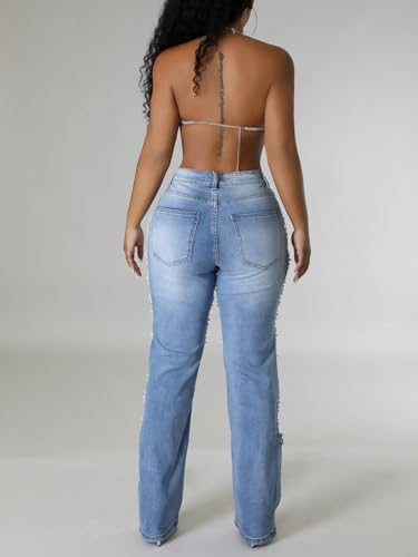 XZLUFNY Pearl Chain Jeans for Women Ripped Distressed Destroyed Party Denim Pant4