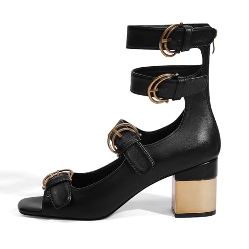 LOCERICH Womens Heeled Sandals Chunky Block Heels Open Toe Strappy Comfortable Ankle Strap Gold Low Heel Dress Shoes for Women2