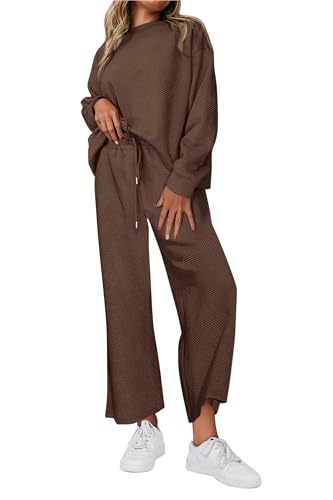 Image of PRETTYGARDEN Womens 2025 Fall 2 Piece Outfits Long Sleeve Pullover Tops Wide Leg Pants Matching Lounge Sets Fashion Clothing