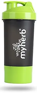 Myherb BPA-Free 100% Leak Proof Guarantee Including Tornado Blender Gym Shaker Bottle - 500 ml /24oz- Green + Black Color