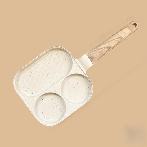 Startbuymore Sartén de triple sección con tapa de vidrio con revestimiento antiadherente y utensilios para platos de desayuno en gas de inducción eléctrica (beige)