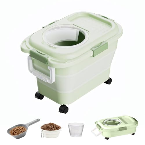 cjc Pet Food Container, Collapsible Dog Food Storage Container with Detachable Casters Airtight Lid or Dog Cat Bird Food Keeping Dry Kibbles, with Scoop Inner Bin Folding bowl Measuring Cup (Green)