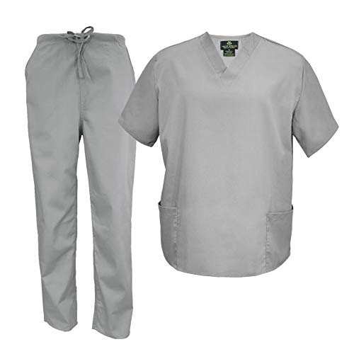 M&M Scrubs Men's Scrub Set Medical Scrub Tops and Pants (Large, Grey)