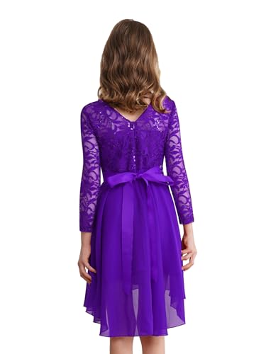 Kids Flower Girl Lace Chiffon Dress Long Sleeve High-Low Hem Junior Bridesmaid Dresses Proms Ball Gown2