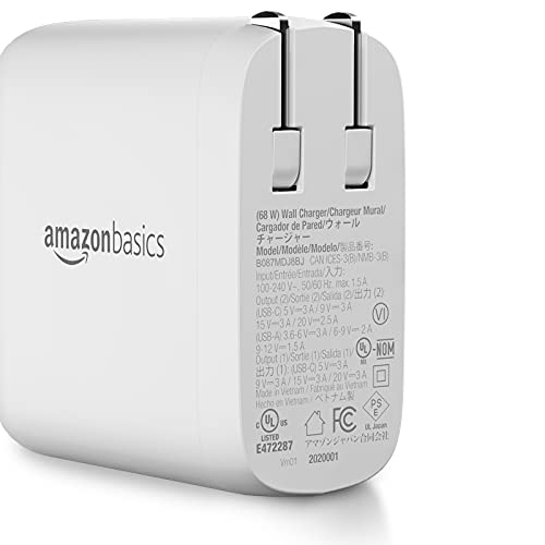 Image of Amazon Basics 68W Two-Port GaN Wall Charger with 1 USB-C (60W) & 1 USB-A Ports (18W) with PD for Laptops, Tablets & Phones (iPhone 16 /15 /14 /13 /12 /11 /X, iPad, MacPro, Samsung, More), Non-PPS, White