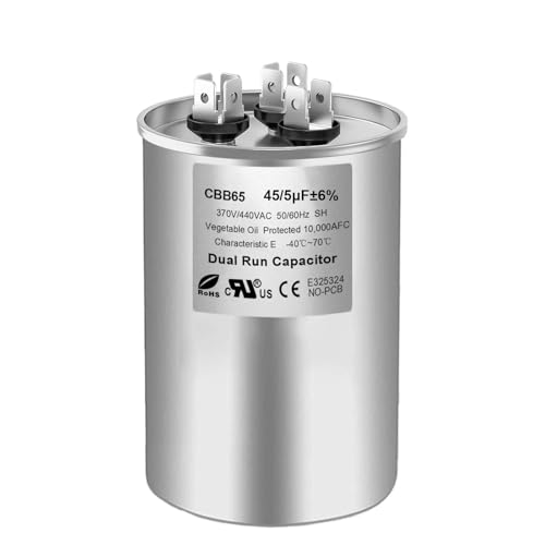 45/5 uF 45+5 MFD 370V or 440V Dual Run Start Round A/C Capacitor, 45 5 uF 370 440 Volt VAC CBB65B Air Conditioner Capacitors for AC Unit, Fan Motor Start, Heat Pump, Condenser Straight Cool, 1PCS